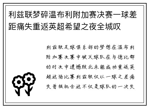 利兹联梦碎温布利附加赛决赛一球差距痛失重返英超希望之夜全城叹