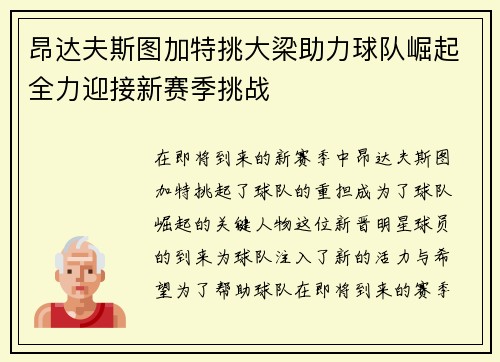 昂达夫斯图加特挑大梁助力球队崛起全力迎接新赛季挑战
