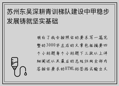 苏州东吴深耕青训梯队建设中甲稳步发展铸就坚实基础